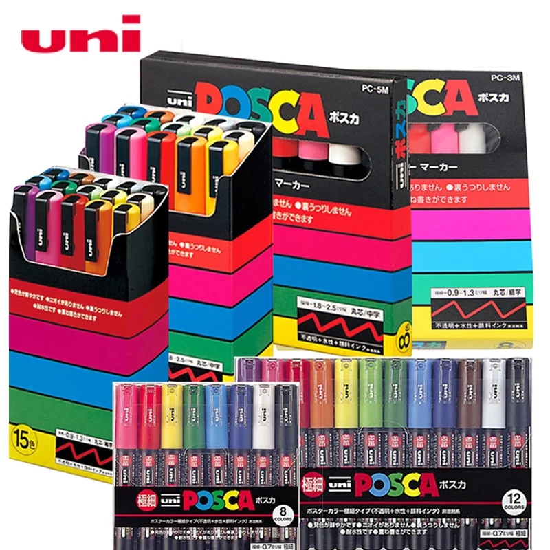 Uni Posca Acrylic Paint Markers Plumones Drawing Set PC-1M 3M 5M Colores Graffiti Pencil Art Supplies DIY Highlighter Stationery