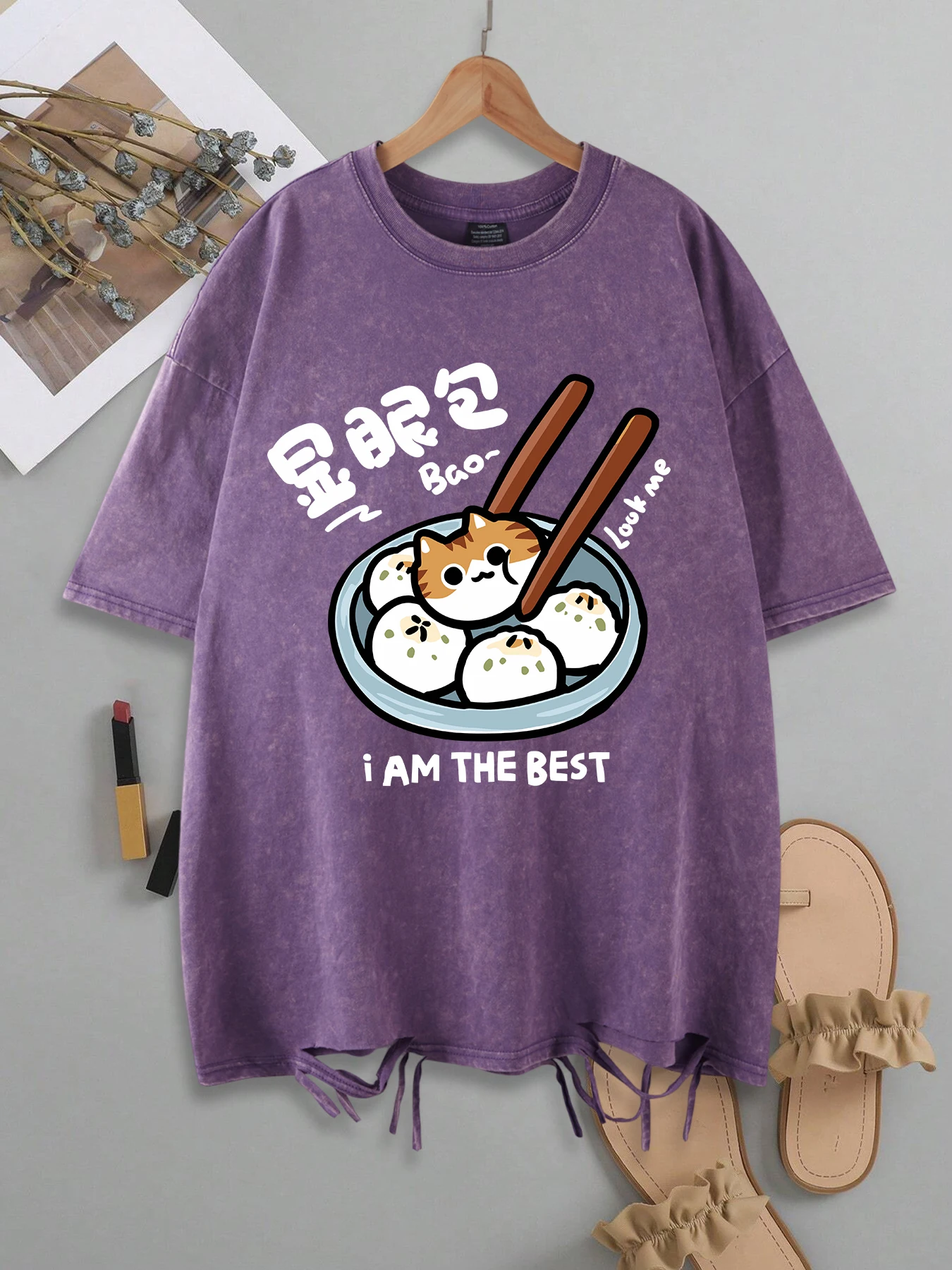 

Футболки в стиле ретро Look Me Prominent Cat Xiaolongbao, хлопковая универсальная женская футболка, удобная мягкая уличная летняя одежда с вымытыми отверстиями