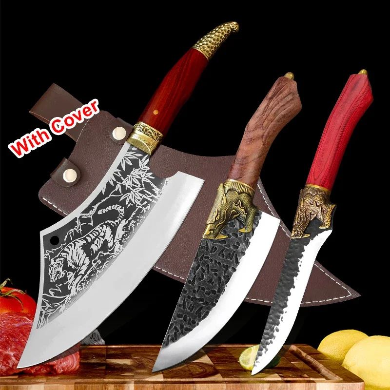 Longquan Kitchen Knive 7Cr17MoV Steel Chinese Butcher Chef Knife Dragon Head Chopping Meat Knife Razor Sharp Boning Cutter