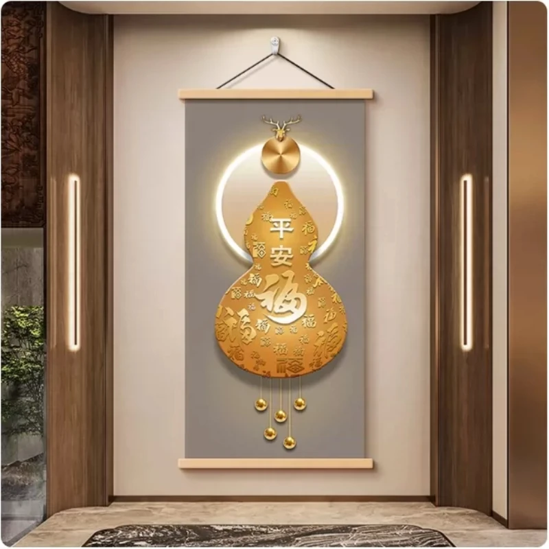 Wall Art Red Gourd and Hanging Blessing Motif Chinese Style Pearlescent Canvas Hanging Scroll with Wooden Rods for Hallway