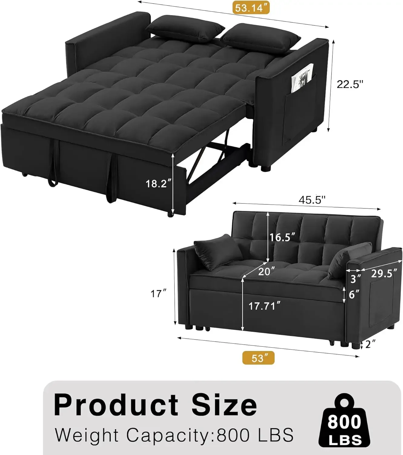 3 in 1 Convertible Sleeper Sofa Bed, Futon Couches for Living Room with Side Pocket  Adjustable Backrest Velvet Fabric