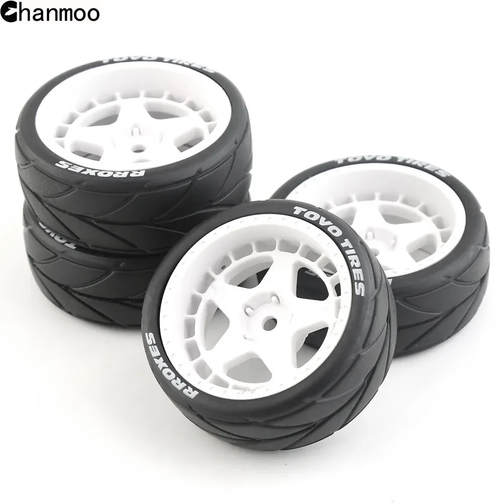 Chanmoo 4Pcs 65mm Plastic Wheel Rim Tires Rubber Tyre for 1:10 RC Racing On-Road Car Tamiya TT01 TT02 XV01 KYOSHO WLtoys HPI HSP