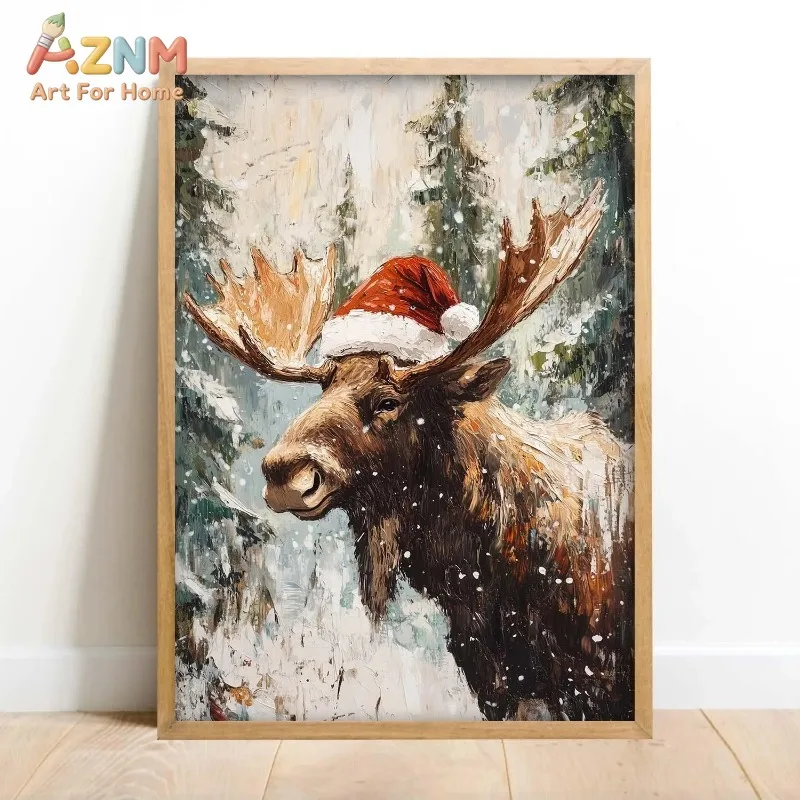 Christmas Moose with Santa Hat Canvas Wall Art Snowy Winter Forest Animal Print Holiday Farmhouse Unframed Canvas Poster