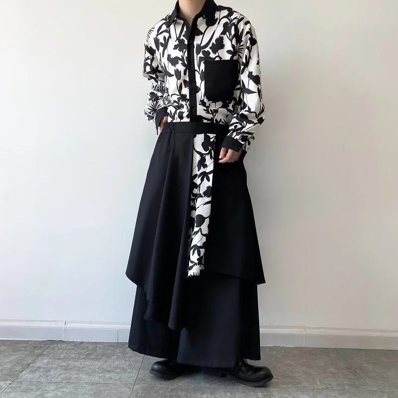 Japanese Dark Fighter Pants Men Yamamoto Style Patchwork Irregular Elastic Waist Skirt Trousers Samurai Culottes Wide Leg Pants