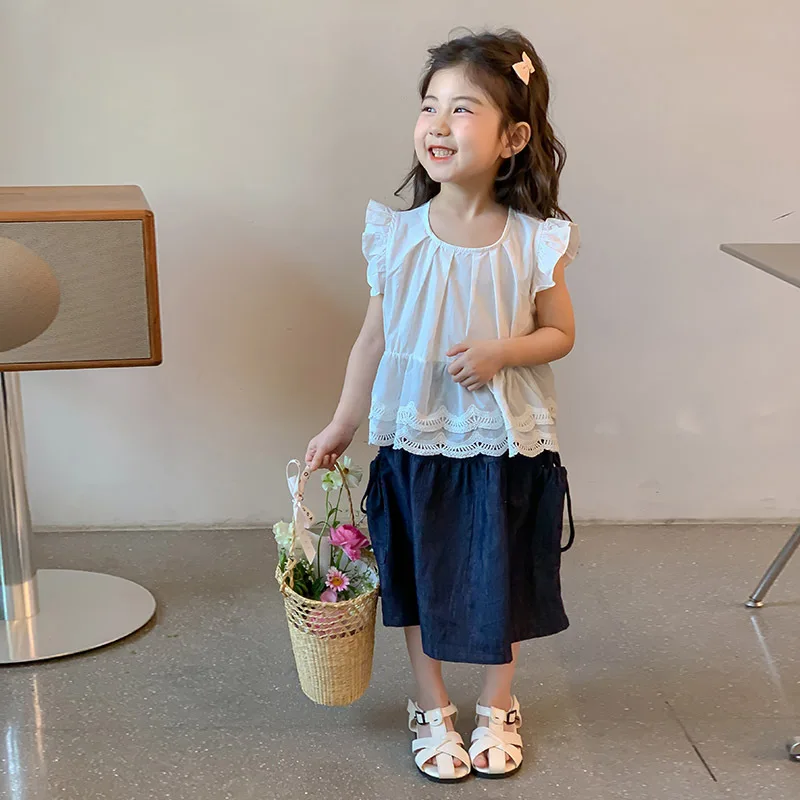 

Girls' Summer 2025 New Set Sleeveless Top Lace Lace Fashionable Western Denim Skirt Two Piece Set