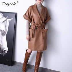 Genuine Leather Women's Jacket Spring 2023 Suit Lapel Short Sleeves Double Breasted Lace up Slim Long Sheepskin Windbreaker Coat