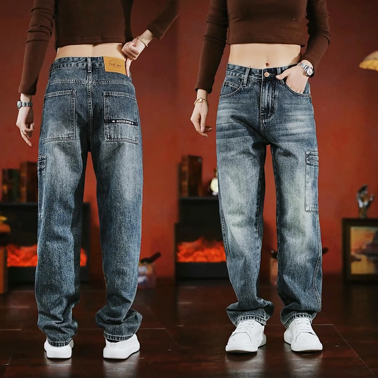 

Retro High Street Straight Leg Men's Jeans Patchwork ket Design Loose Faionable Wide Leg Pants Autumn Winter Casual Cott...