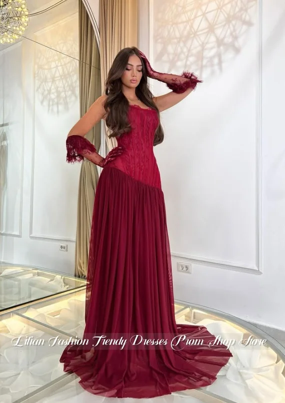 Vestido de noche Borgoña personalizado, corsé sin tirantes de encaje, falda de gasa acampanada, vestido de fiesta para ocasiones formales, vestido de compromiso de Oriente Medio