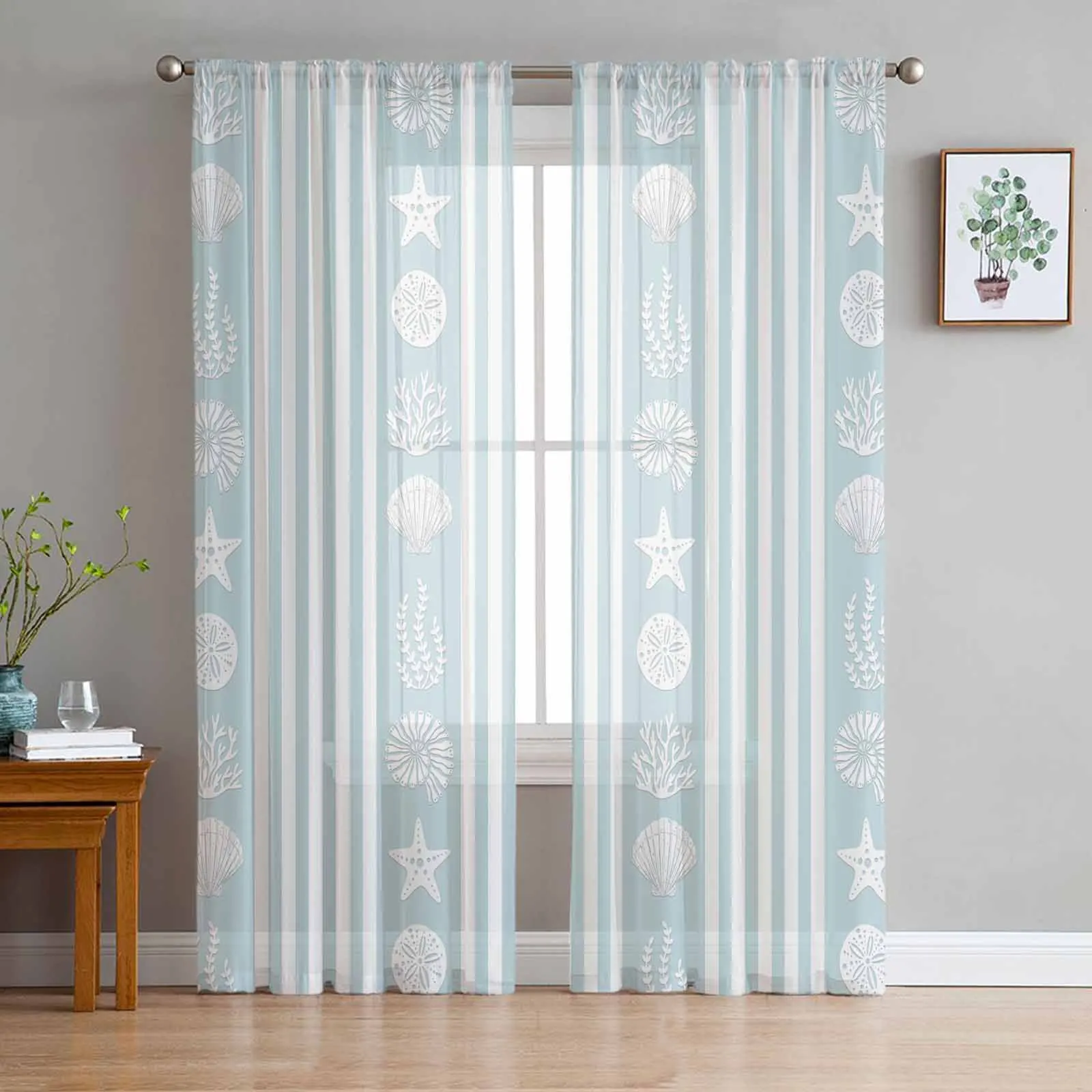 Ocean Striped Starfish Shells Jellyfish Coral Blue Sheer Curtain Living Room Drapes Home Voile Curtain Tulle Window Curtain