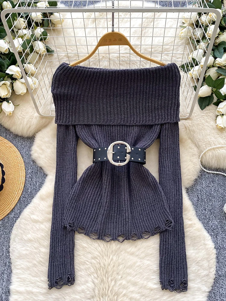 

Женский свитер, новый вязаный топ на одно плечо с длинными рукавами и бретелями, ажурный перфорированный вязаный топ, пуловер, женский топ SW029