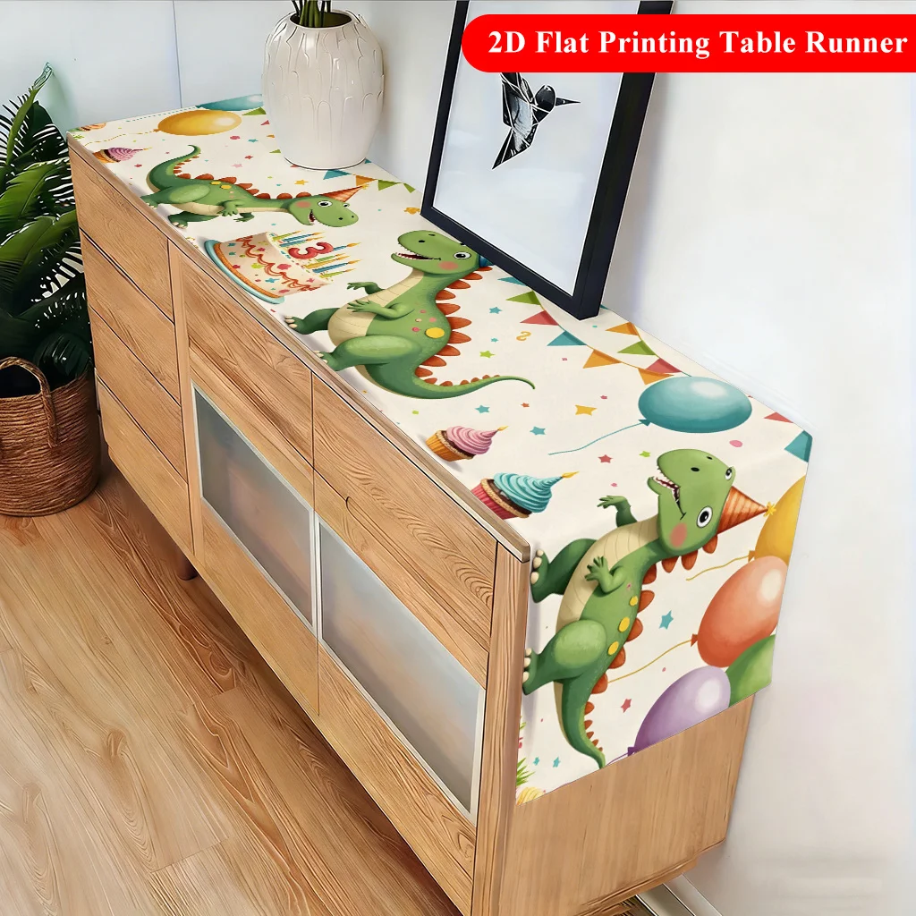 1PC 2D Flat Printing Adorable Dinosaurs Celebrate Birthday Table Runner, Polyester Rectangular Table Decor for Dining Coffee Tab