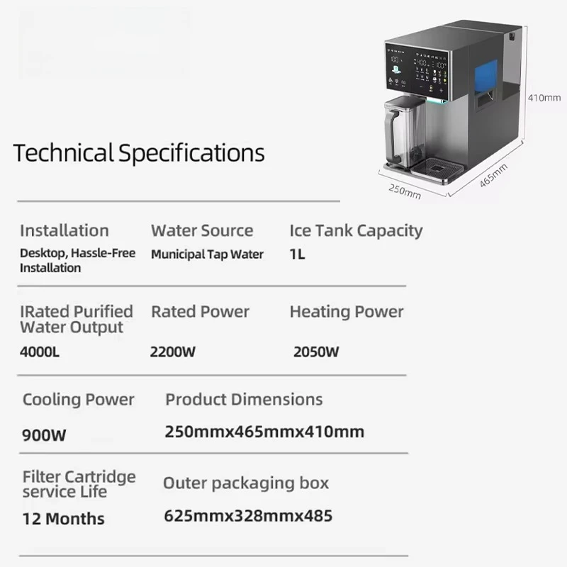 Reverse Osmosis Bench Purifier with Dual Temperature Ice Manufacturer Capable of Producing Ice Cubes