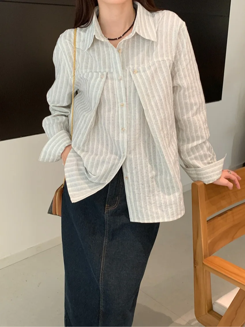 เสื้อสตรีลายทางแฟชั่น ดีไซน์โดดเด่น กระดุมเดี่ยว แขนยาว สไตล์หรูหรา เหมาะสำหรับใส่ทำงาน ฤดูใบไม้ผลิและฤดูใบไม้ร่วง