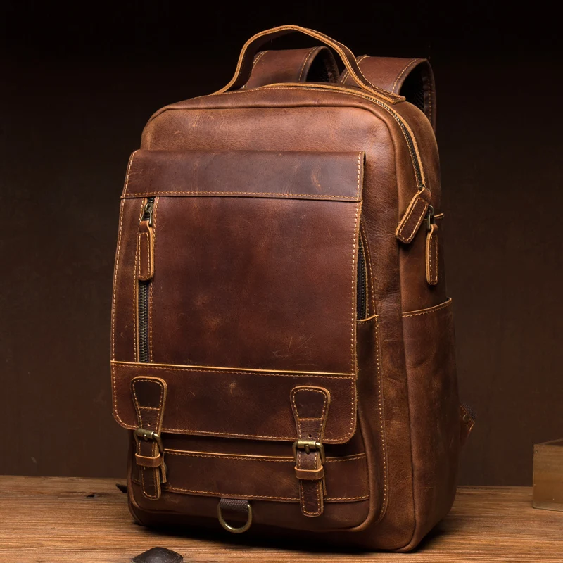 Men\'s crazy horse leather shoulder bag handmade backpack leather travel bag retro leather shoulder bag