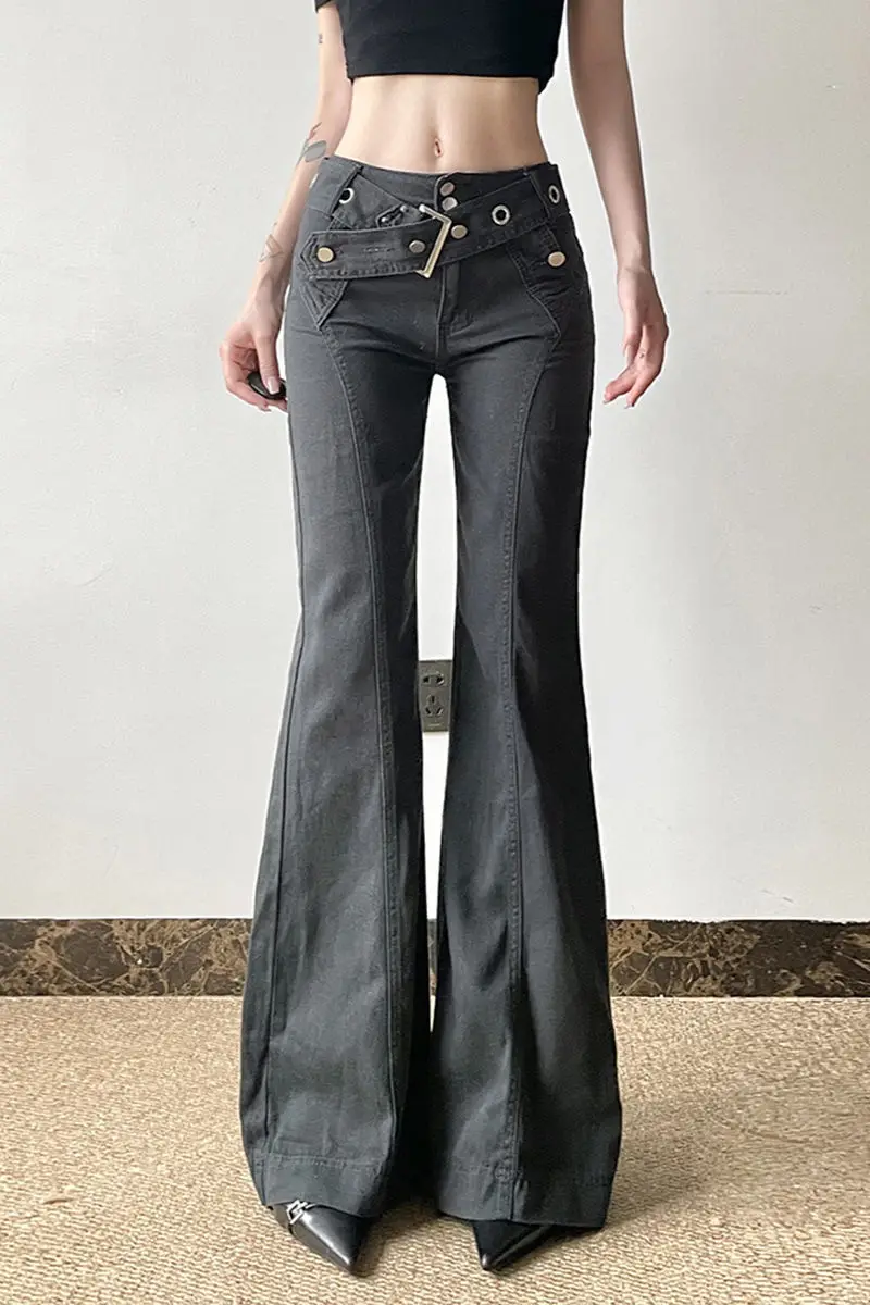 

American Retro Low-Rise Lace-Up Jeans for Women Slim-Fit Flared Pants with Waist Cinching Design Figure-Flattering Y2K Casual