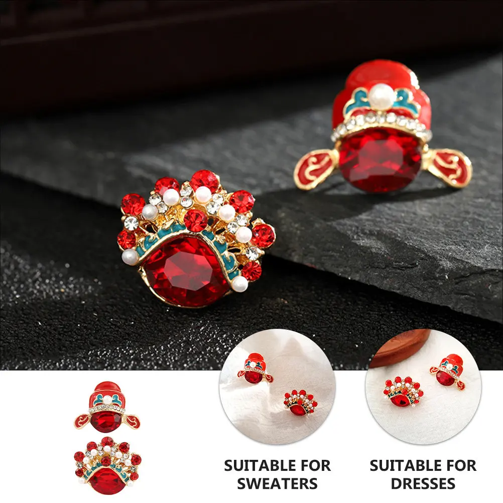 2Pcs Peking Opera Facial Makeup Brooches Chinese Style Elegant Alloy Breastpins for Parties Weddings Birthdays Sweater Dress Hat