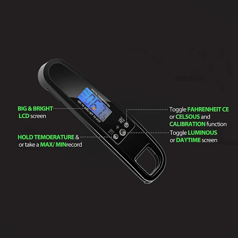 Instant Read Meat Thermometer For Grill And Cooking, With Backlight & Calibration - Black