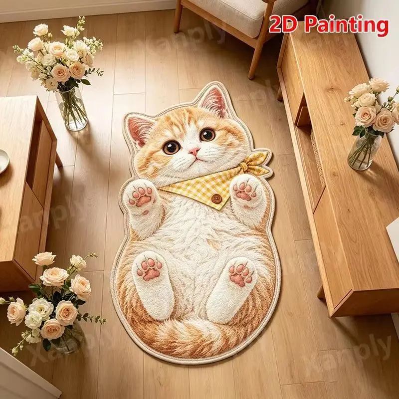 VIKAMA Cute White Cat Rug Fluffy Kitten Lying Irregular Small Carpet Non Slip Washable Soft Mat Bedroom Nursery Decor