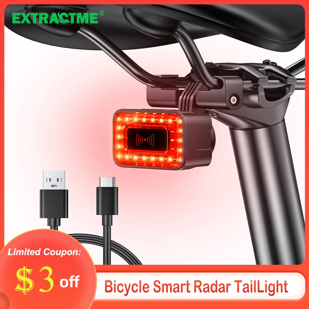 

Extractme Bicycle Radar TailLight IP64 Waterproof Night Cycling Rear Light Type-C Charging Radar Sensor Bike Tail Warning Light