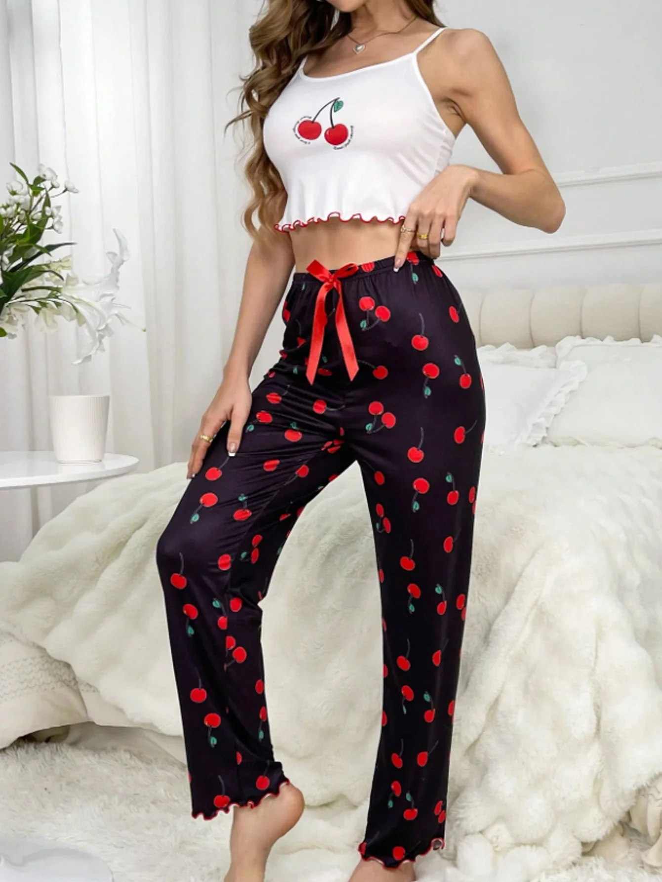 Y2K Coquette Cherry Print Pajama Set Womens Cami Crop Top Pants Two Piece Sleepwear Loungewear Summer Spring Autumn Outfits image 6