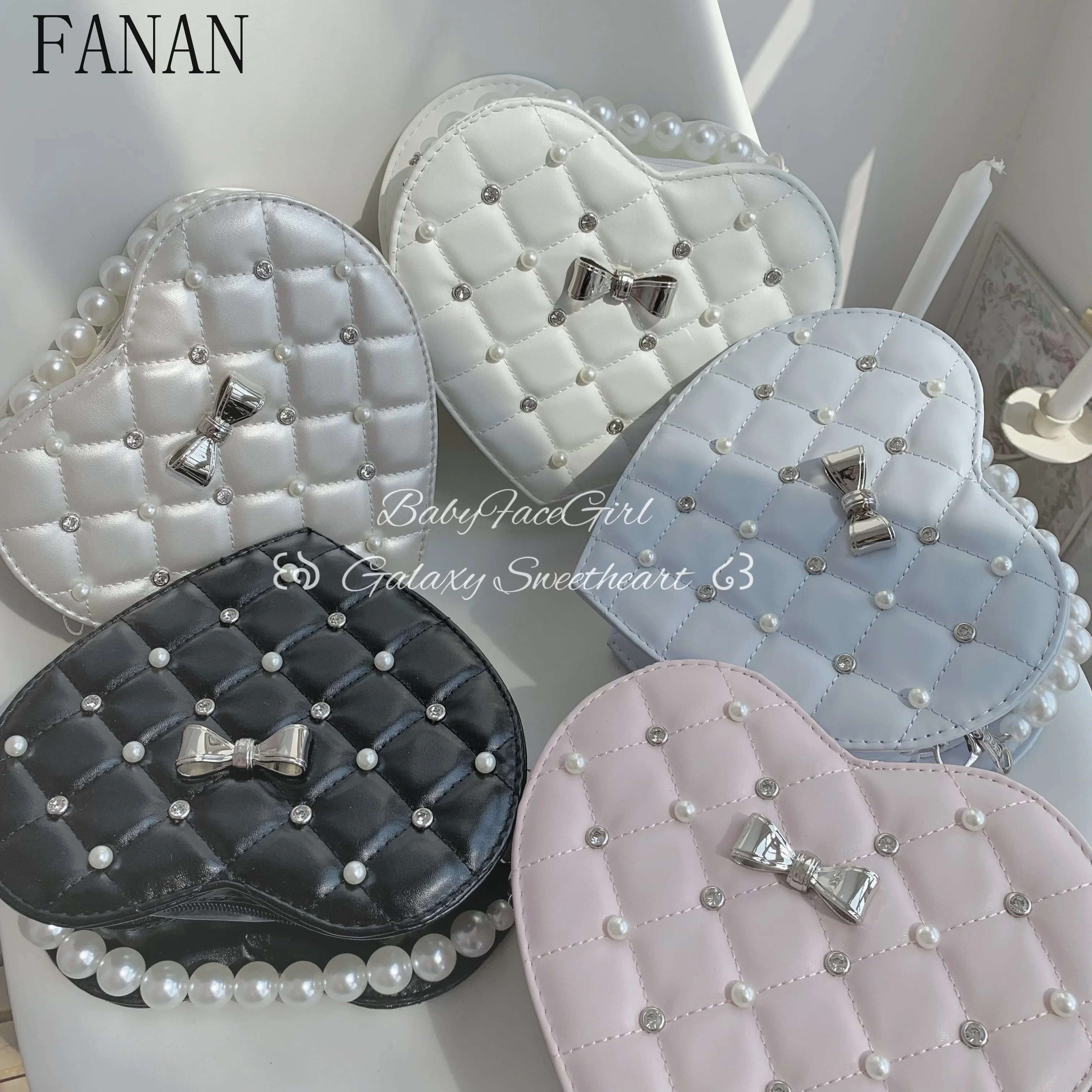 

Женские сумки через плечо Sweetheart Mass Production Kawaii Сумка в японском стиле с жемчугом и стразами с бантом и лентой в форме сердца