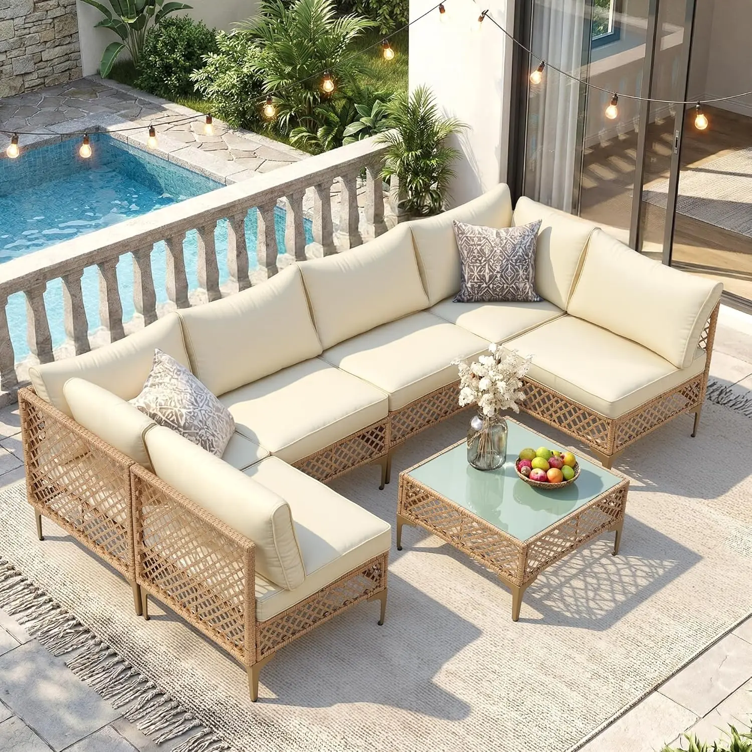 

7 Piece Patio Furniture Set, Outdoor Wicker Modular Sectional Patio Conversation Set With Thicker Cushion &, Customized