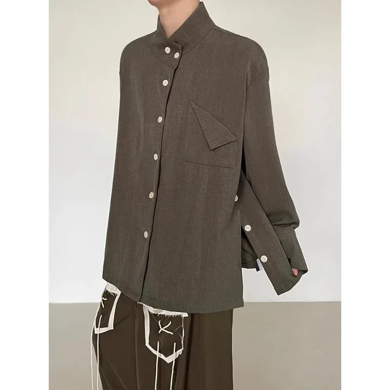 SuperAen Niche Retro Design Button-up Collar Shirt with Split Hem High-end New Oversize Shirt