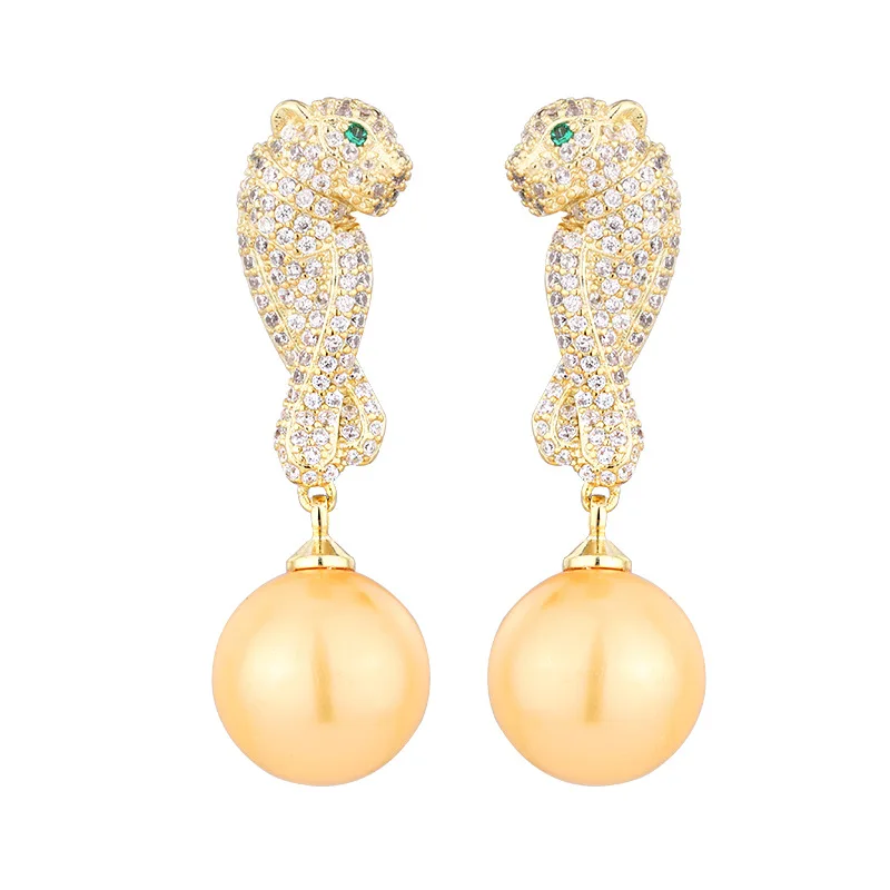 Jewelry Gold Plated Inlaid Pearl Korean Style Leopard Earrings Studs for Women 12mm