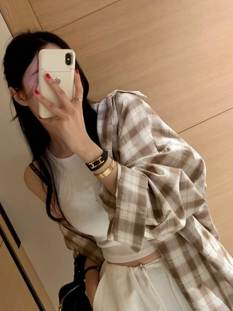 

Chic Vintage Spring Plaid Long Sve Loose Fit Button up Women's irt Jaet Casual Versatile Outfit for Younger Look