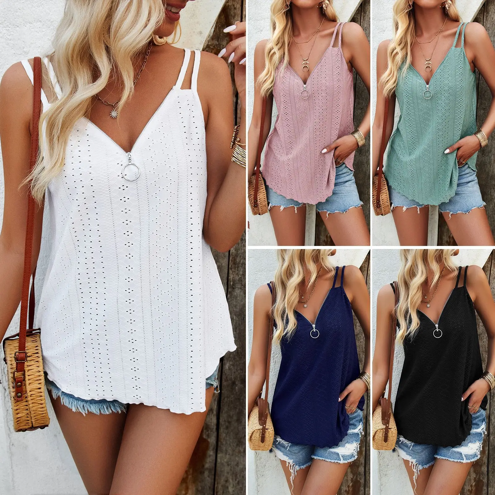 

Tank Top Women Summer Camisole Tees V Neck Zipper Hollow Out Sleeveless Backless Female Office Lady Sexy Sling Tops 2025