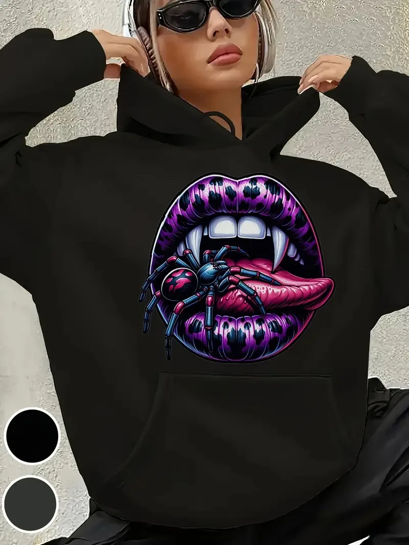

2025 Autumn and Winter Women's Sexy Spider Lips Gothic Graphic Hoodie High-end Luxury Is for Both Men and Women Top Y2k