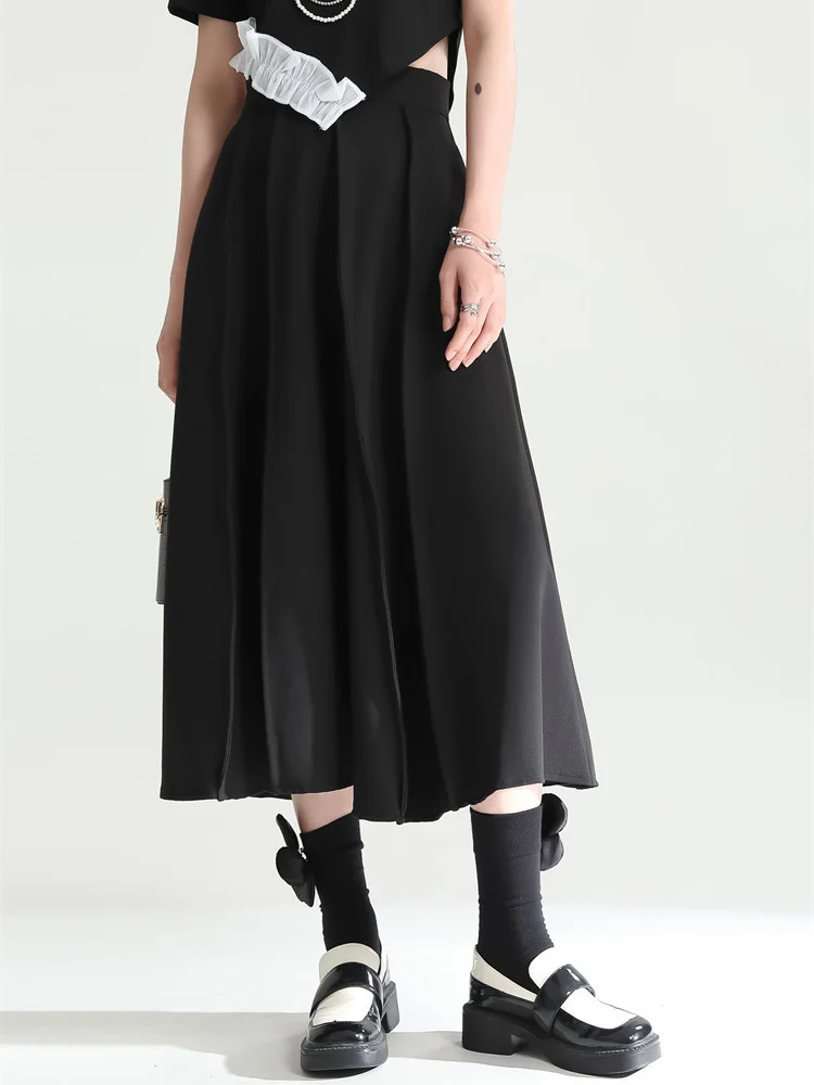 [EAM] High Waist Black Brief Long Elegant Pleated A-line Half-body Skirt Women Fashion Tide New Spring Autumn 2024 1DE9082