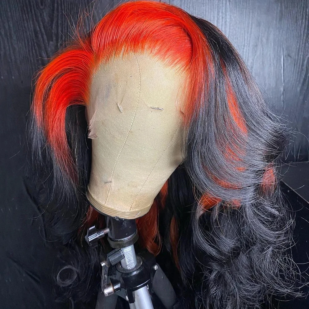 Peruca dianteira de renda sintética carisma para mulheres, onda longa do corpo, laranja a preto, perucas ombre, peruca frontal, cosplay, 26 cm