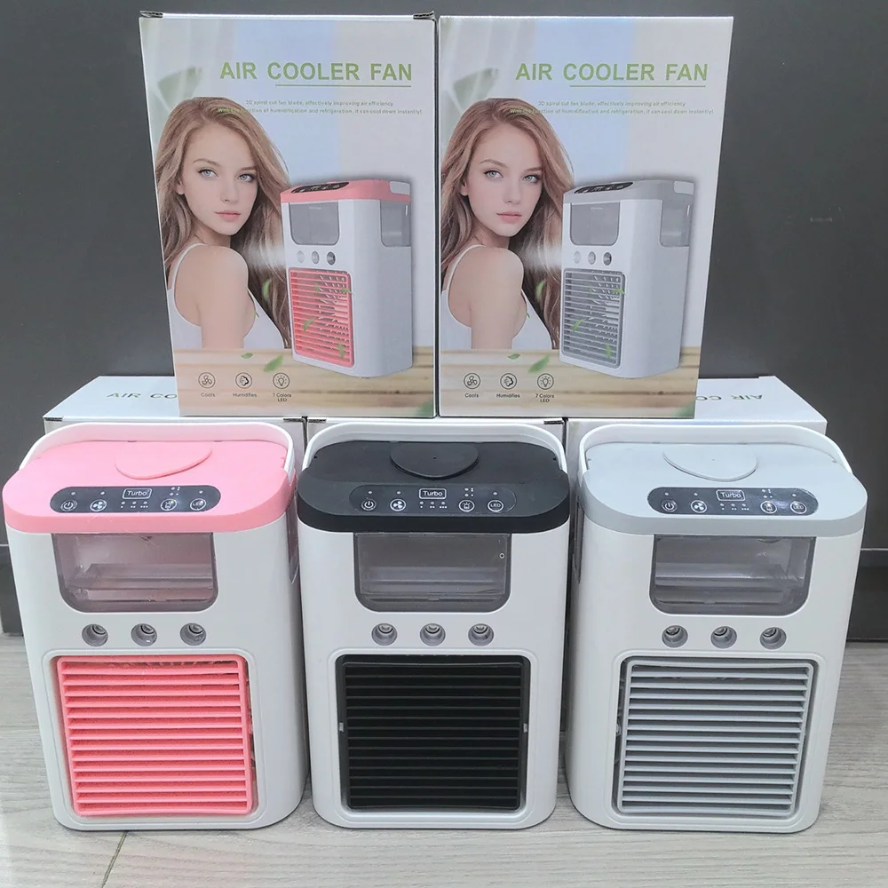 

3 в 1, мини-портативный охлаждающий вентилятор, перезаряжаемый через USB кондиционер с увлажнителем водяного тумана, светодиодный ночник для домашнего офиса, комнаты