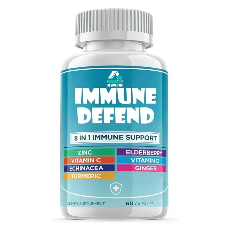 8-in-1 Immune Supplement, Containing Echinacea, Vitamin C and Zinc, Curcumin and Ginger, Elderberry, 60 Capsules