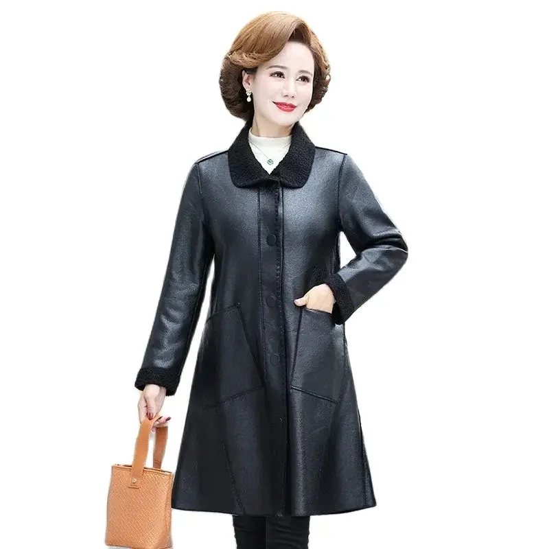 2024 Autumn Leather Coat New Middle-Aged And Elderly Women's Solid Color PU Leather Jacket Mother Trench Long Warm Leather Coat.