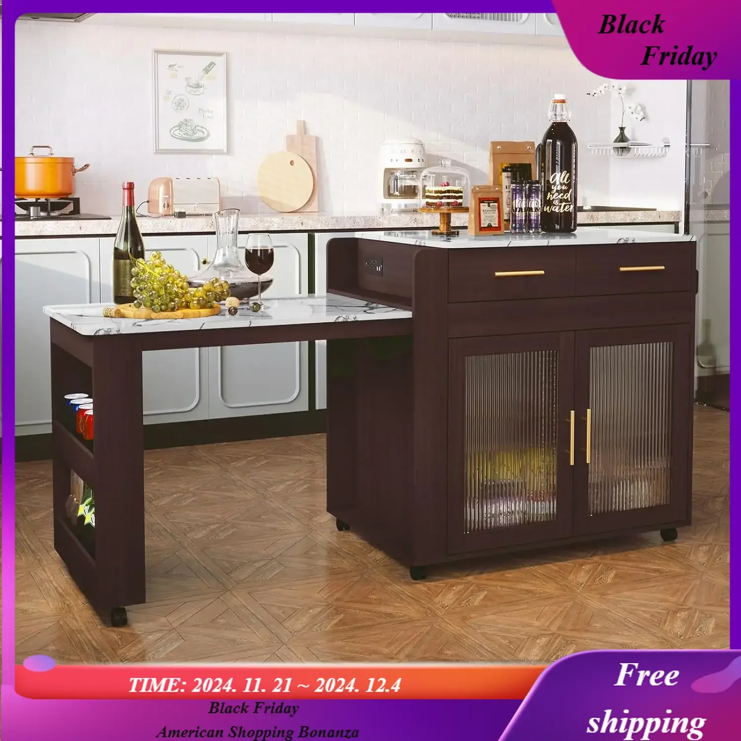 Kitchen Island with Extendable Dining Table, Marble Grain Top Pull-Out Table Kitchen Island with Storage