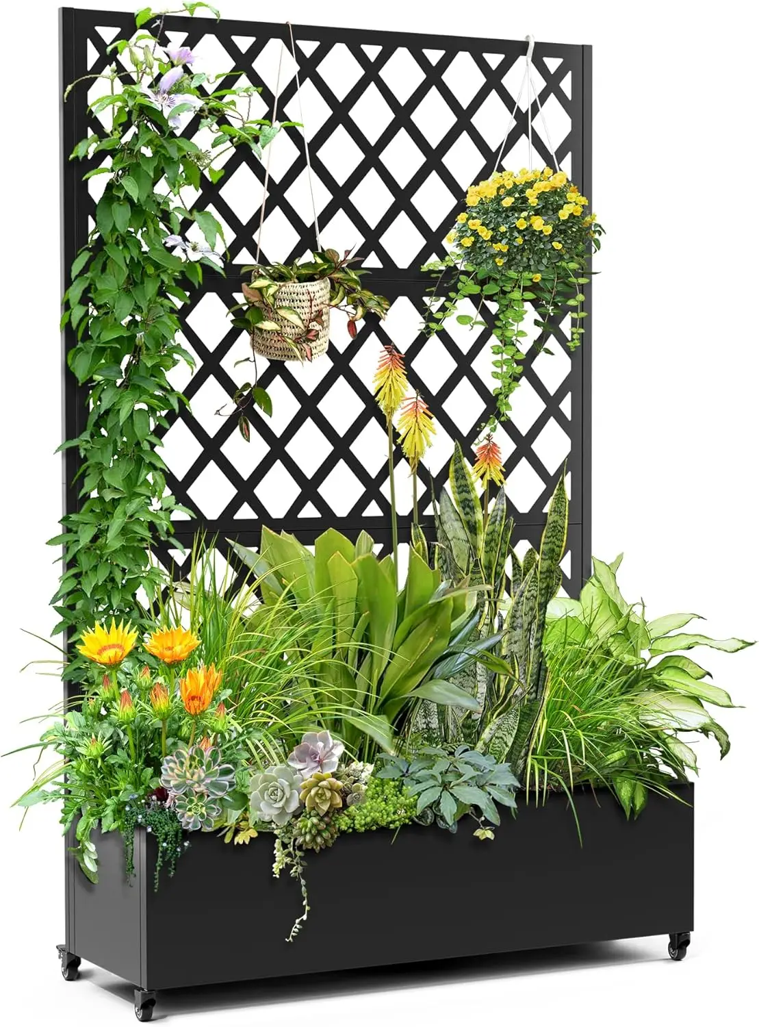 

Metal Planter Box with Diamond Lattice Trellis Planter Box for Climbing Plants/Vines, Galvanized Raised Garden Bed On Wheels, Ga