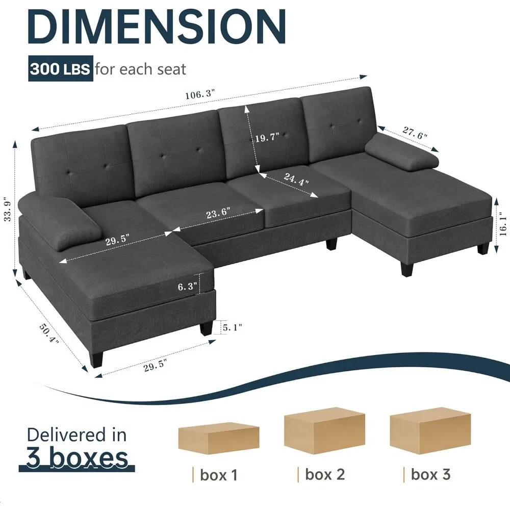 Sectional Couches with Oversized Seats 4 Seat Sofa Set U-Shaped Couch with Wide Double Chaise Lounges Large Couch