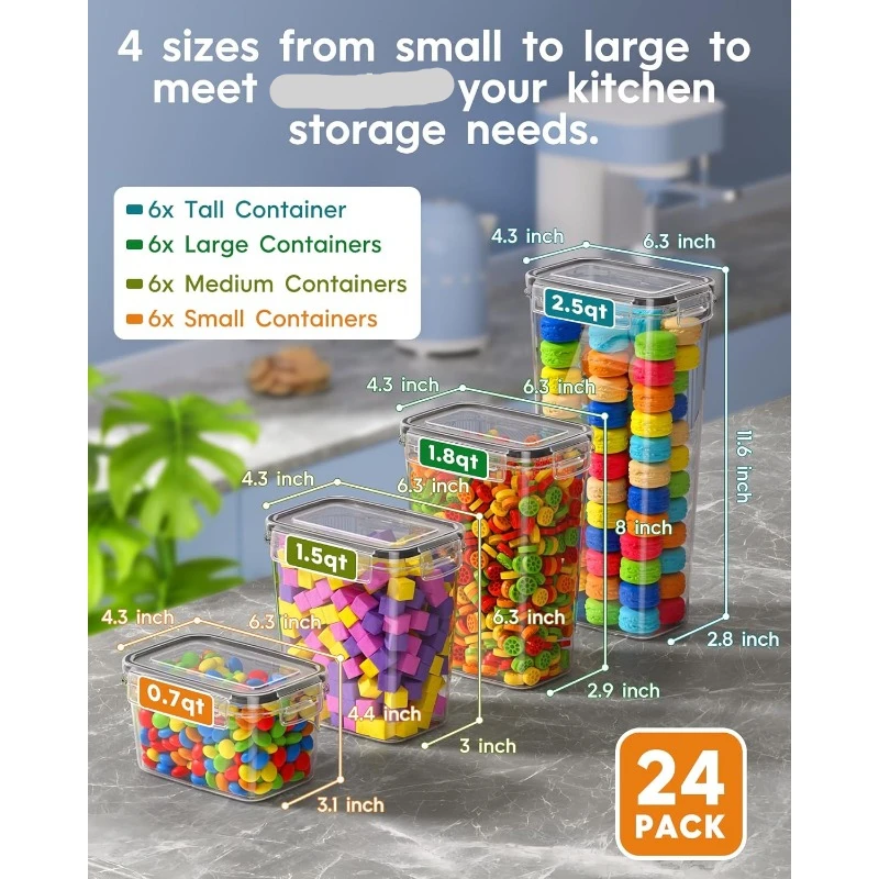 24 PCS Airtight Food Storage Containers with Lids, Kitchen Pantry Organization and Storage, Plastic Scale Food Canisters