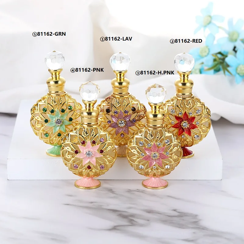 10ml Sun Flower Peony Pattern Metal Perfume Oil Attar Fragrance Refillable Bottle Glass Container Gift Home Wedding Decoration