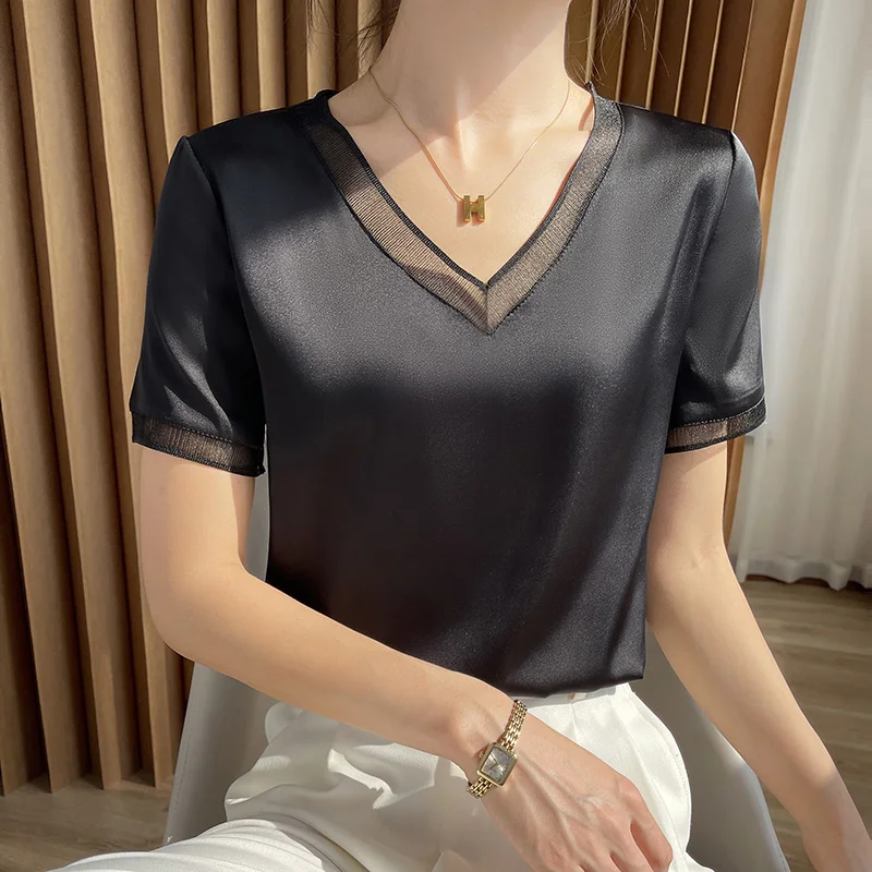 Explosions In Summer Women\'s Satin Gauze Round Neck V-Neck Short Sleeve Thin Solid Color T-Shirt Blouse Loose And Versatile