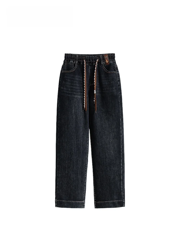 

Джинсы с высокой талией и прямым кроем для женщин больших размеров, скрывающие недостатки фигуры, модные повседневные джинсы из смеси хлопка и полиэстера.