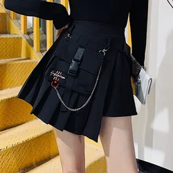 Spring Autumn Gothic Punk Harajuku Women Shorts Casual Cool Chic  Black Female Fashion Waist Bag Embroidery Pocket Chain Skirts