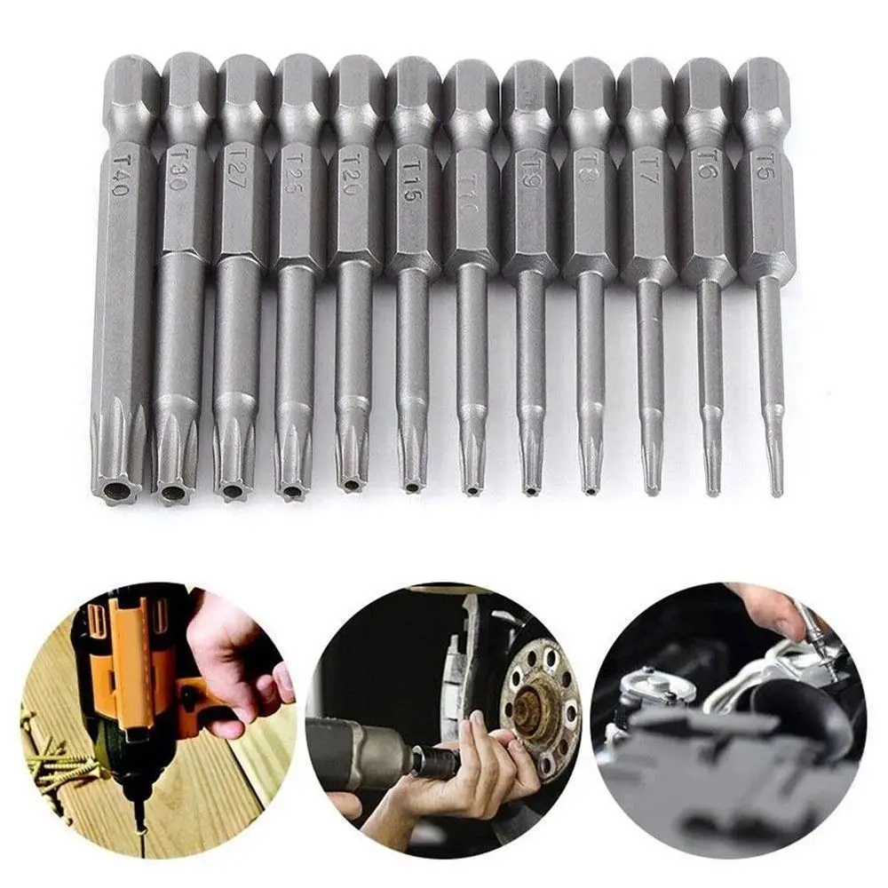 12Pcs/Set New 50mm Torx Screwdriver Bit with Hole T5-T40 Electric Screw Driver Bit Set 1/4Inch Hex Shank Alloy Steel Torx Bits