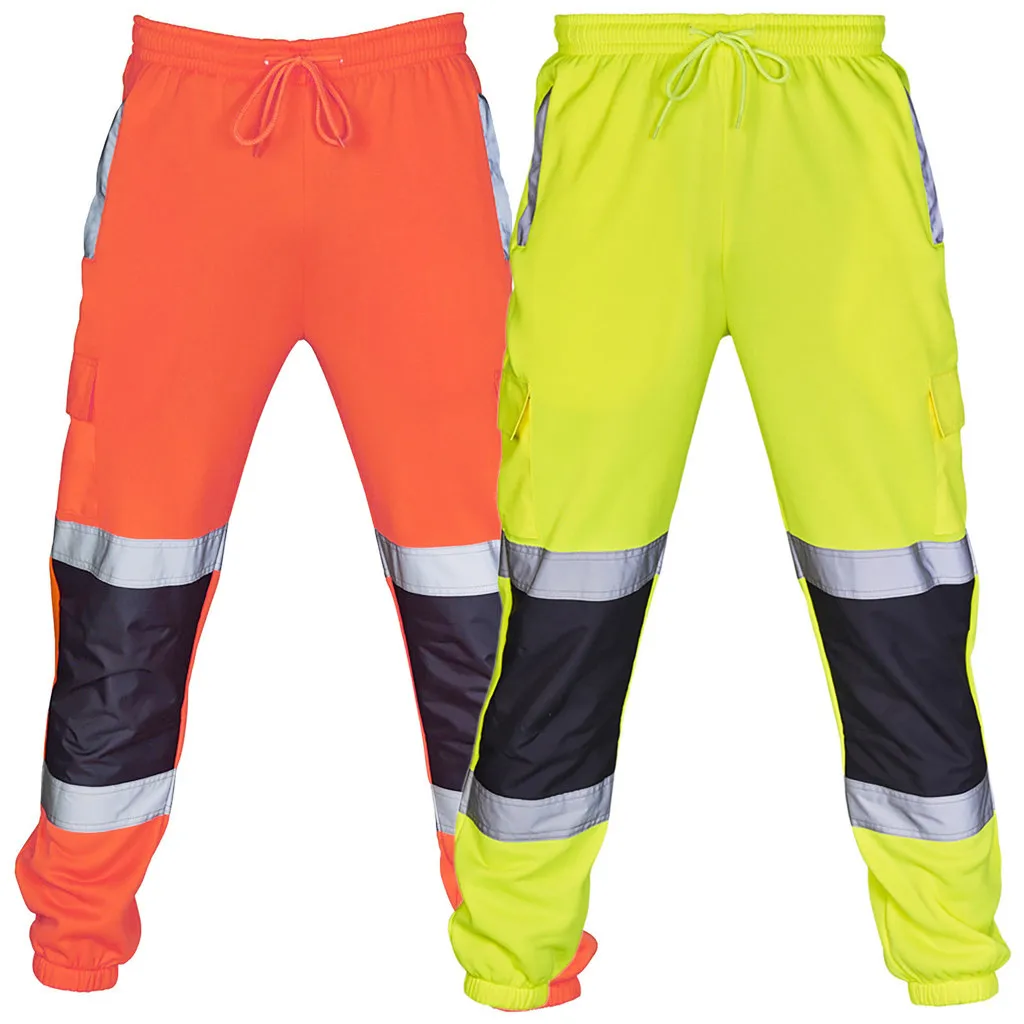 

Road Work Uniform Men Safety Pants High Waist Pocket Striped Reflective Casual Workwear Trouser Pants Sports Training Trousers