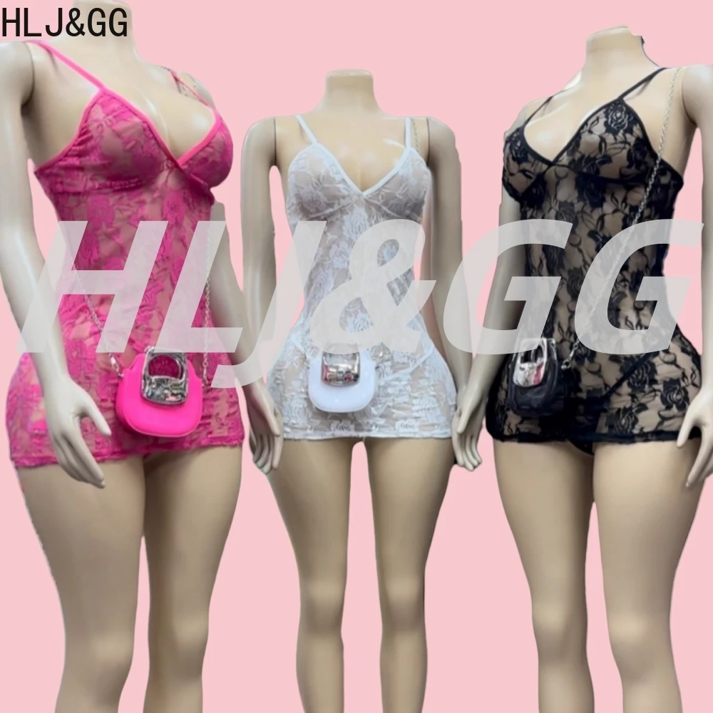

HLJ&GG Sexy Lace See Though Deep V Bodycon Spaghetti Strap Mini Dress Women Sleeveless Backless Vestidos Female Party Clubwear