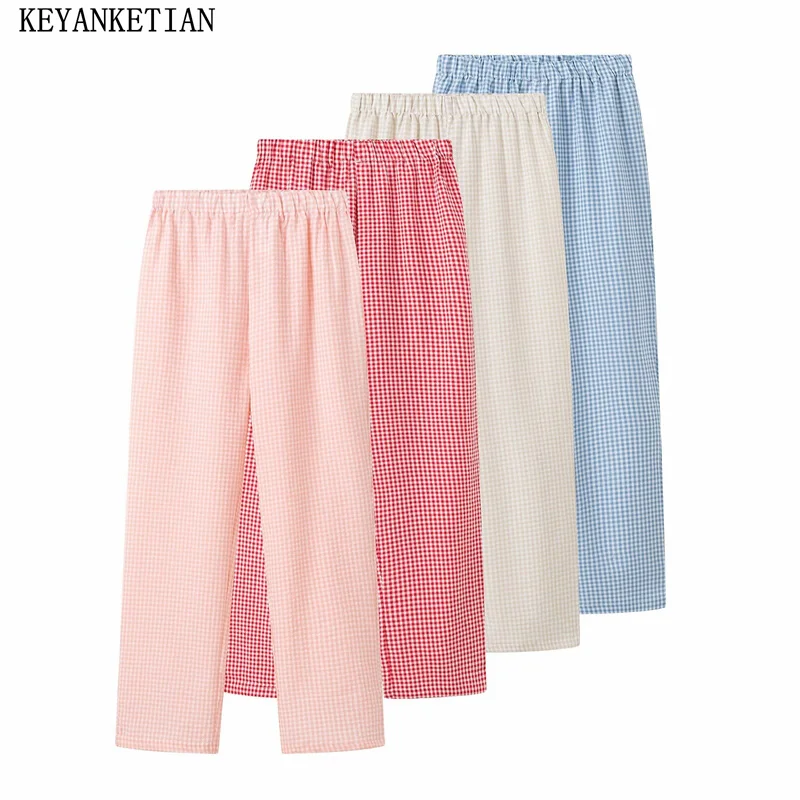 KEYANKETIAN 2024 New Launch Women's Plaid Pants Pajamas style Pockets Elastic Waist Loose Long Trousers Sweet Straight-leg Pants