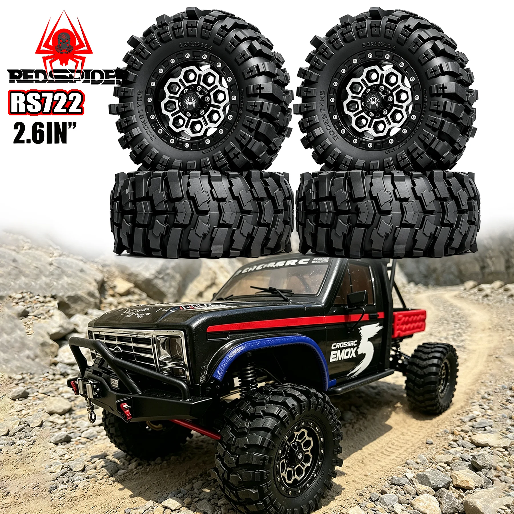 RED SPIDER 4Pcs 2.6In RC Crawler Tire Se+Metal Beadlock Wheel Rim for 1/8 RC Off‑Road Car CROSSRC  AXIAL SCX6 Replacement Parts