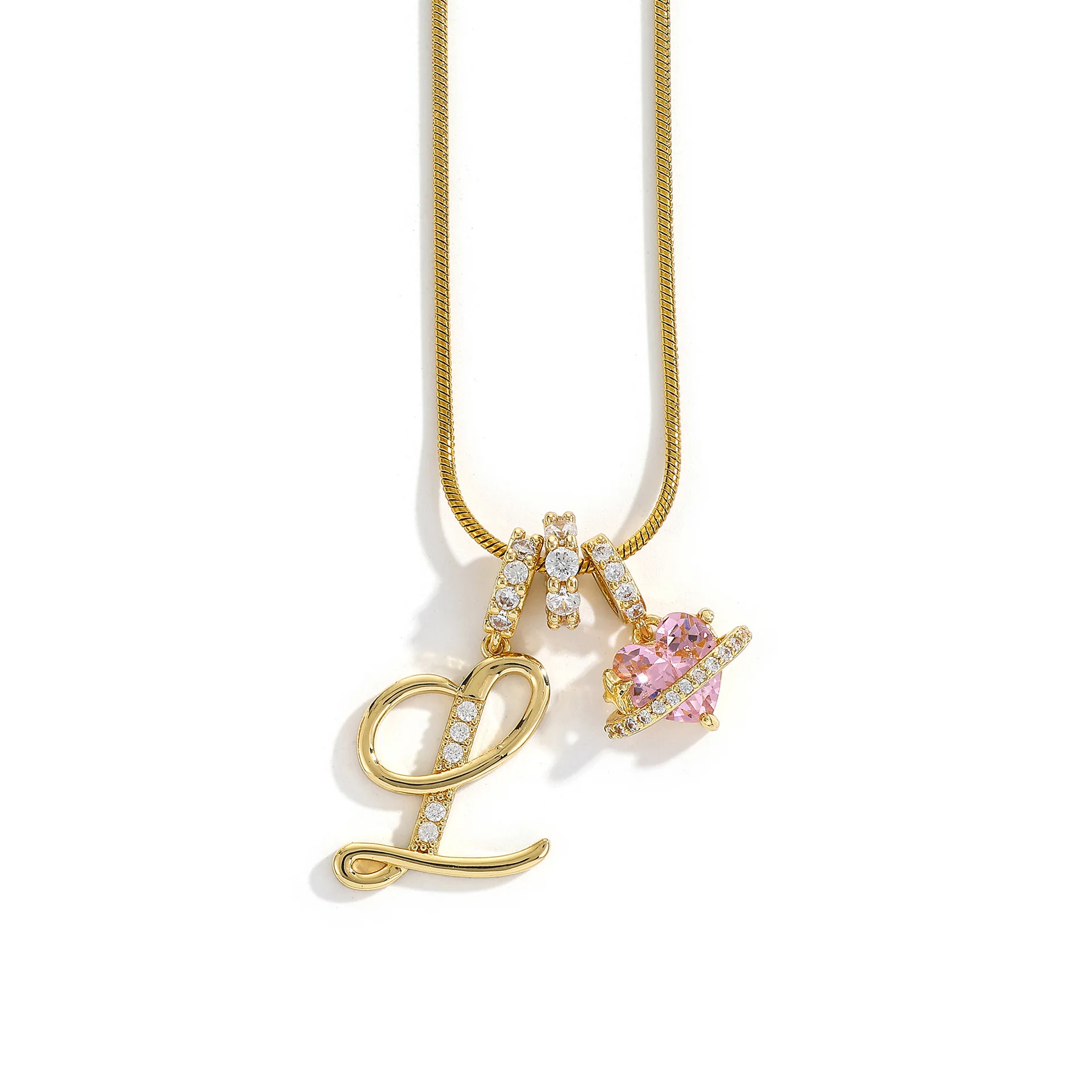 Women's A-Z Initial Letter Pendant Necklace Snake Chain Initial Alphabet CZ Pink Heart Necklace Adjustable Size Hypoallergenic